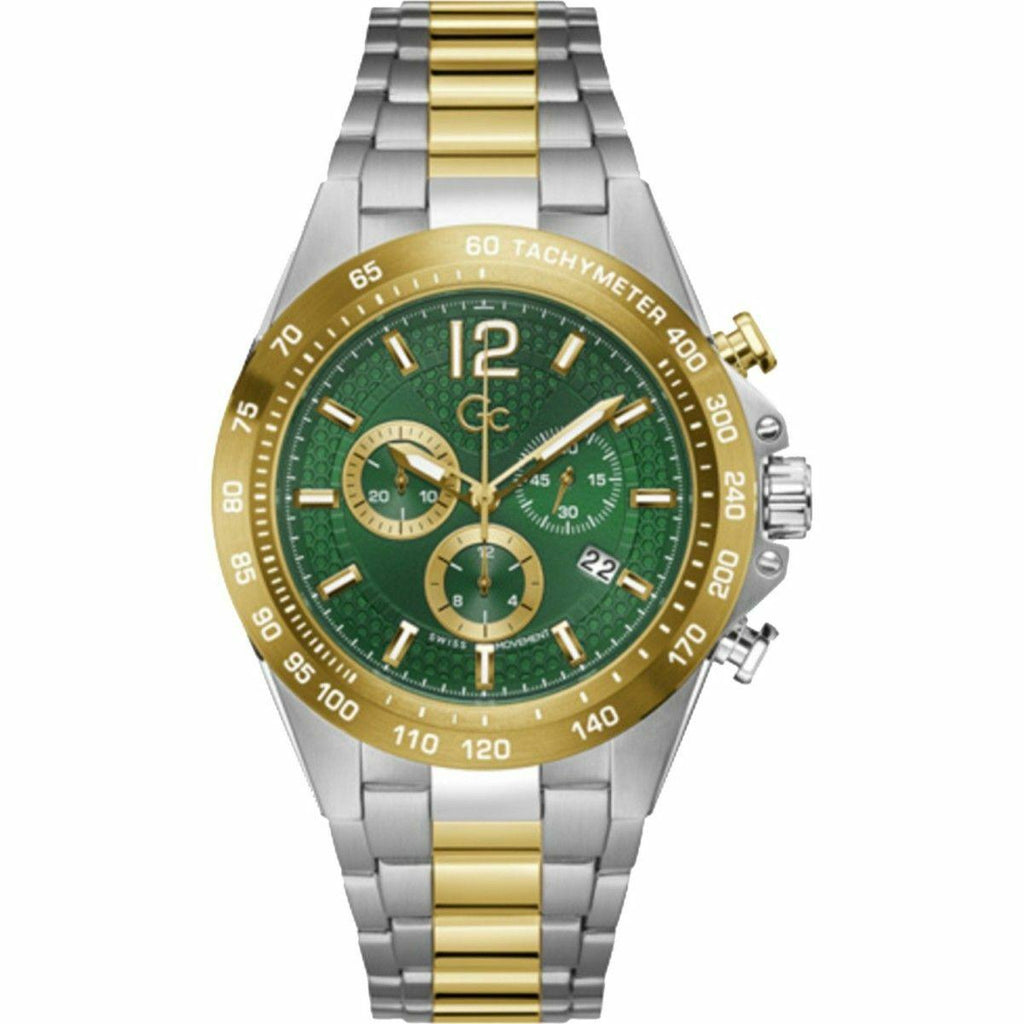 Men's Watch GC Watches with green dial, stainless steel gold and silver bracelet, 44mm case diameter, quartz movement