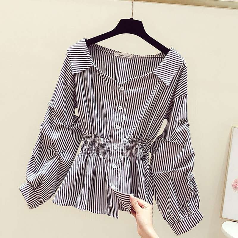 Western style puff sleeve white and black striped women's blouse with button front and smocked waist