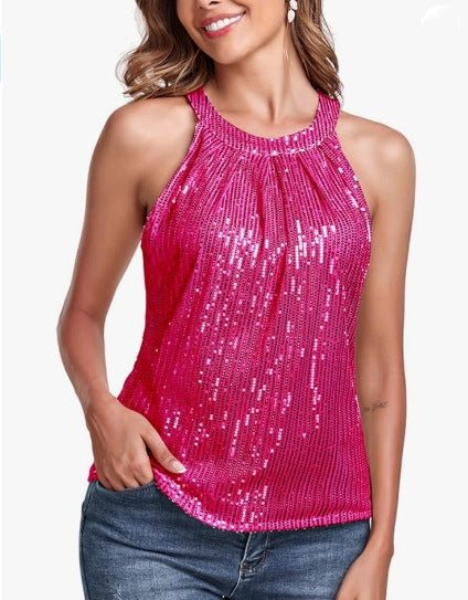 Women's halter round neck sequin camisole top in vibrant rose red with backless shoulder straps and street fashion style
