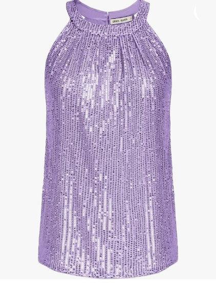 Women's halter round neck sequin camisole top in light purple polyester fabric with backless shoulder strap.