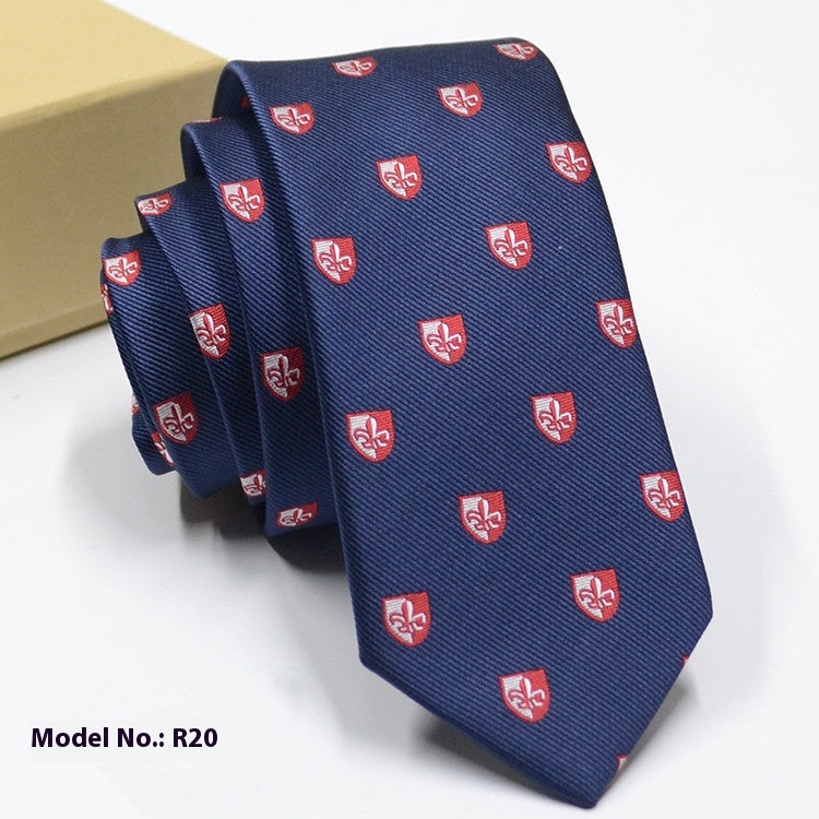 Fashion exquisite jacquard navy blue tie with red shield pattern for wedding groom