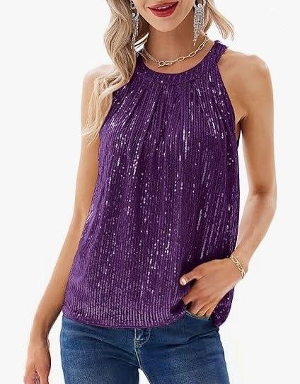 Women's sleeveless halter round neck sequin top in dark purple with backless straps and street fashion style