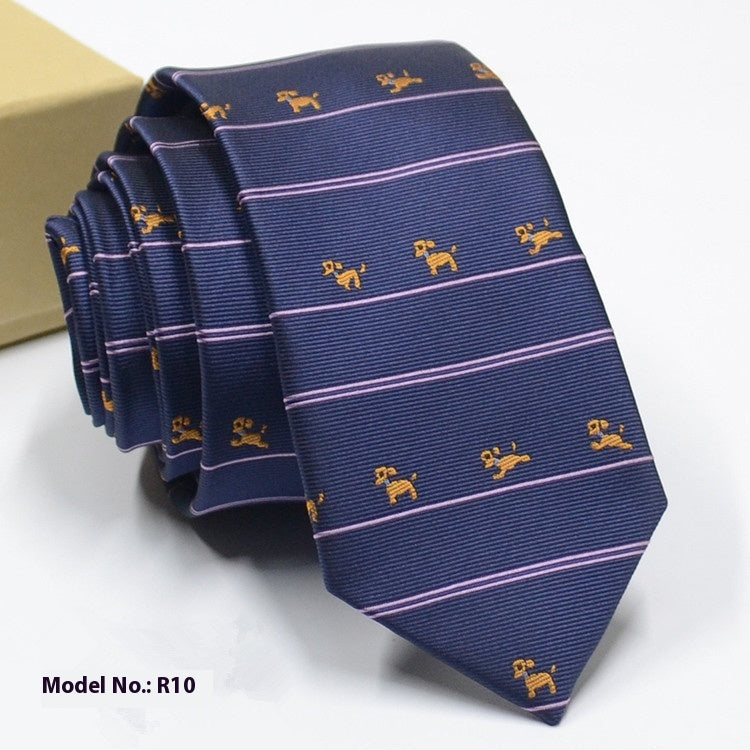 Fashion exquisite jacquard tie with striped pattern and small yellow dog motifs on navy blue background