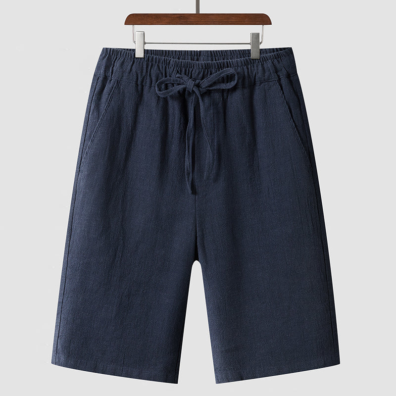 Men's navy blue linen casual loose fit mid-waist cropped shorts with drawstring waistband