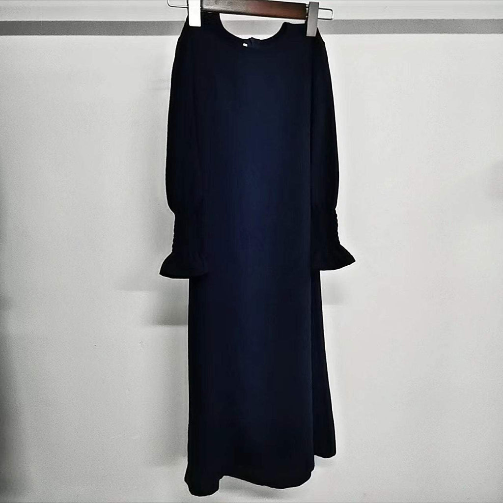 Kids round neck long polyester dress with wavy ruffled long sleeves solid color