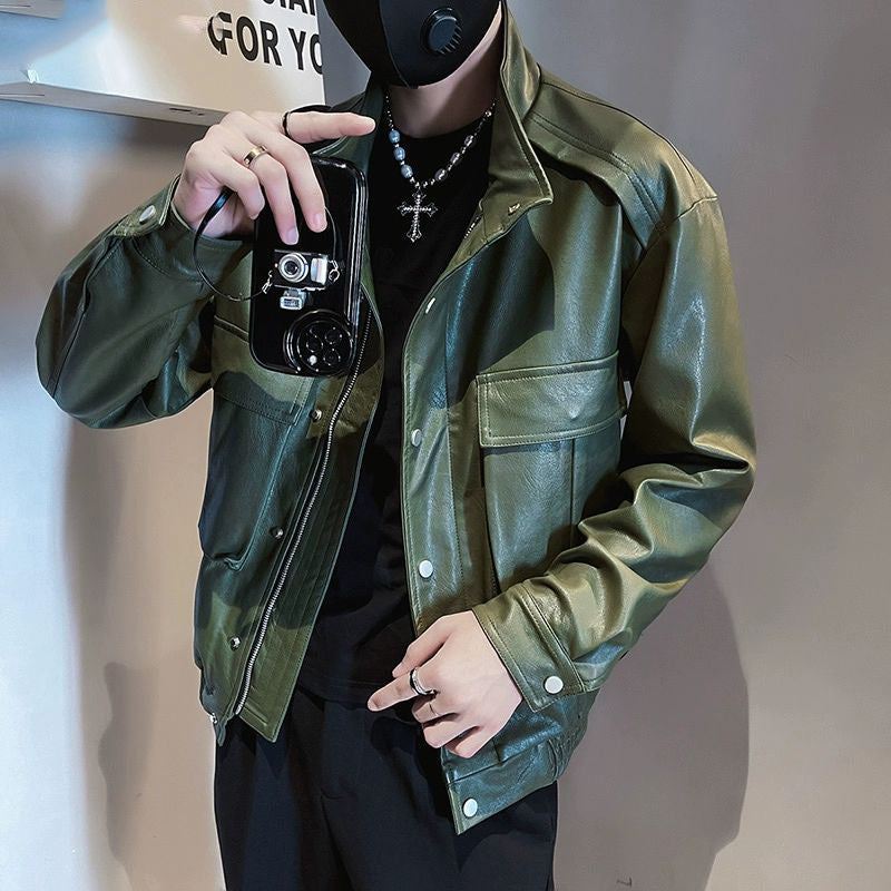 Men's green PU leather spring and autumn pilot jacket with side seam pockets and straight hem, Korean style outerwear.
