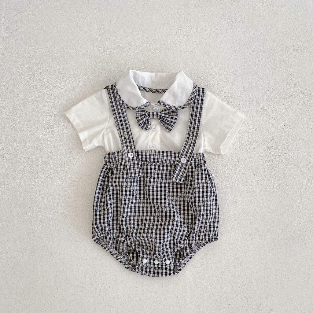 Baby romper with black plaid baby doll collar and bow tie in Korean summer style cotton fabric
