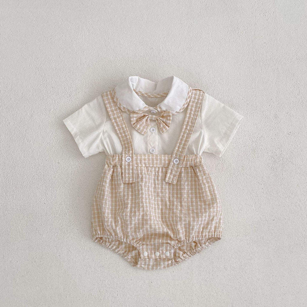 Baby doll collar short sleeve cotton jumpsuit with apricot plaid suspenders and bow tie for babies