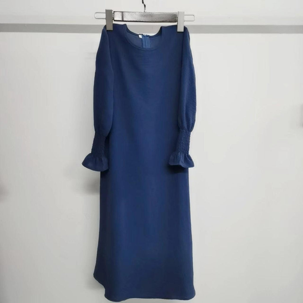 Blue round neck wavy ruffled sleeve long polyester dress for girls