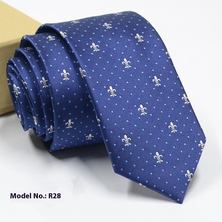 Fashion exquisite jacquard navy blue tie with white floral and dotted pattern, model R28