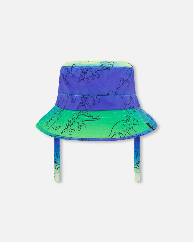 Chapeau enfant motif dinosaure bleu et vert avec cordons réglables
