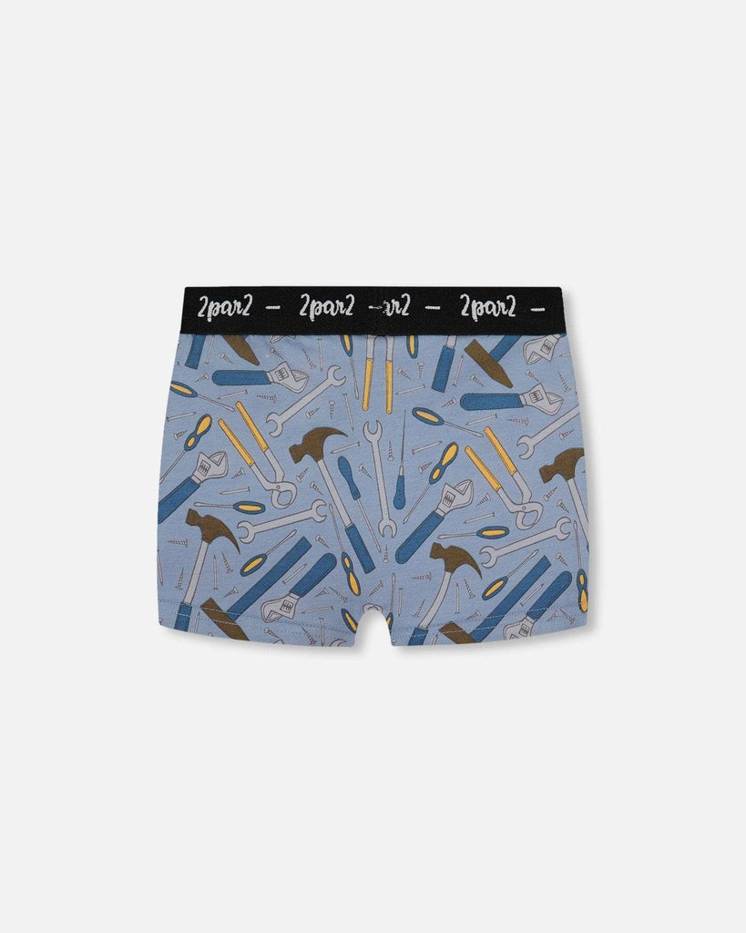 Printed organic cotton boxer shorts with colorful tool print on bluish gray background and black logo waistband