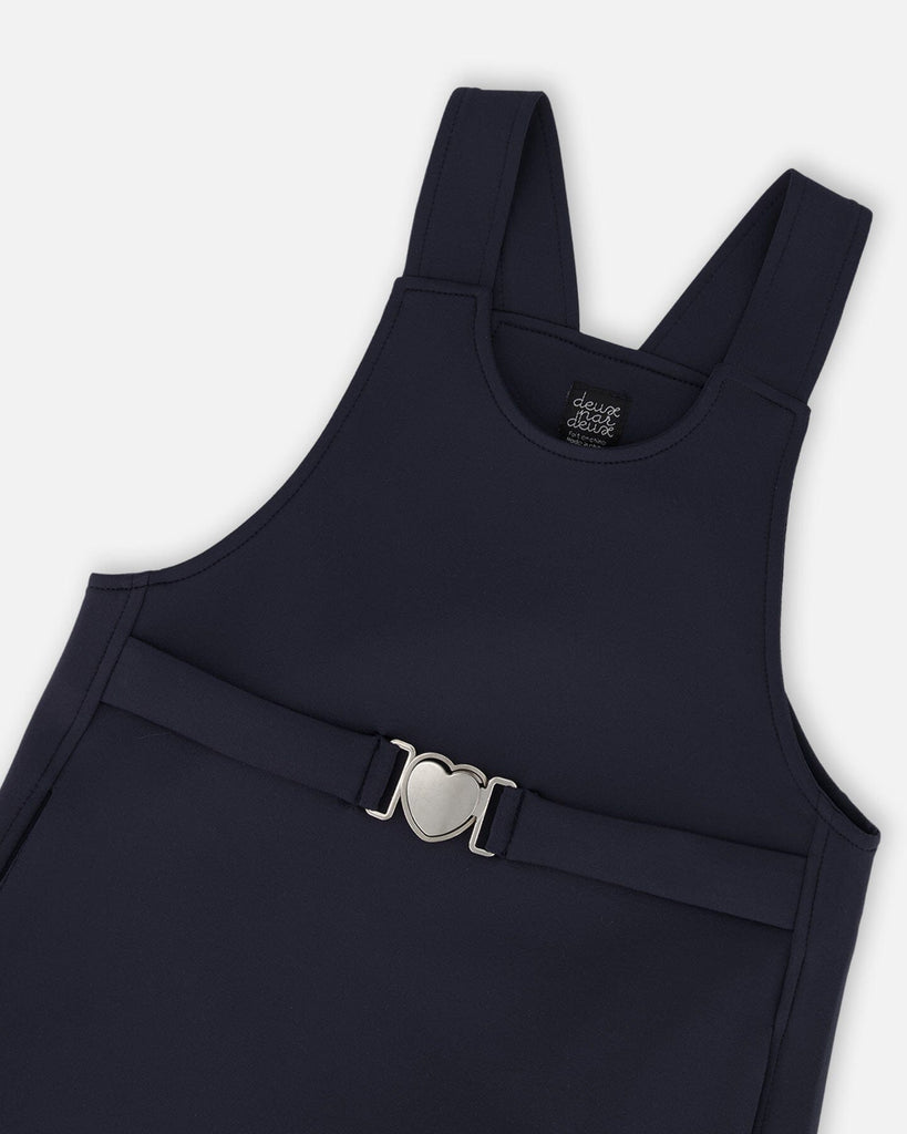 Navy blue Milano jumper dress for girls with wide straps and silver buckle detail