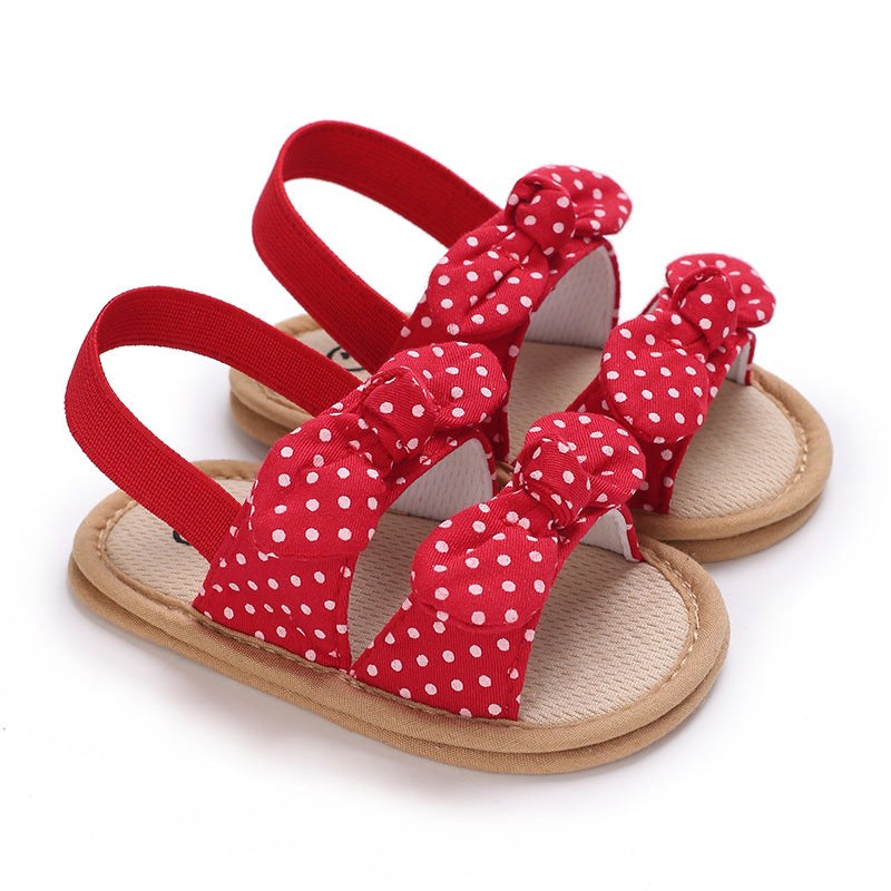 Red polka dot summer baby girl soft bottom toddler sandals with bow detail