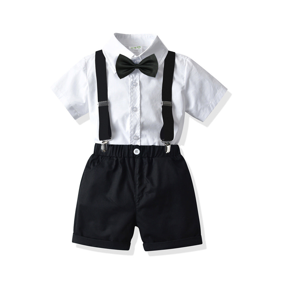 Boys' white short-sleeved shirt with black suspender shorts and bow tie set
