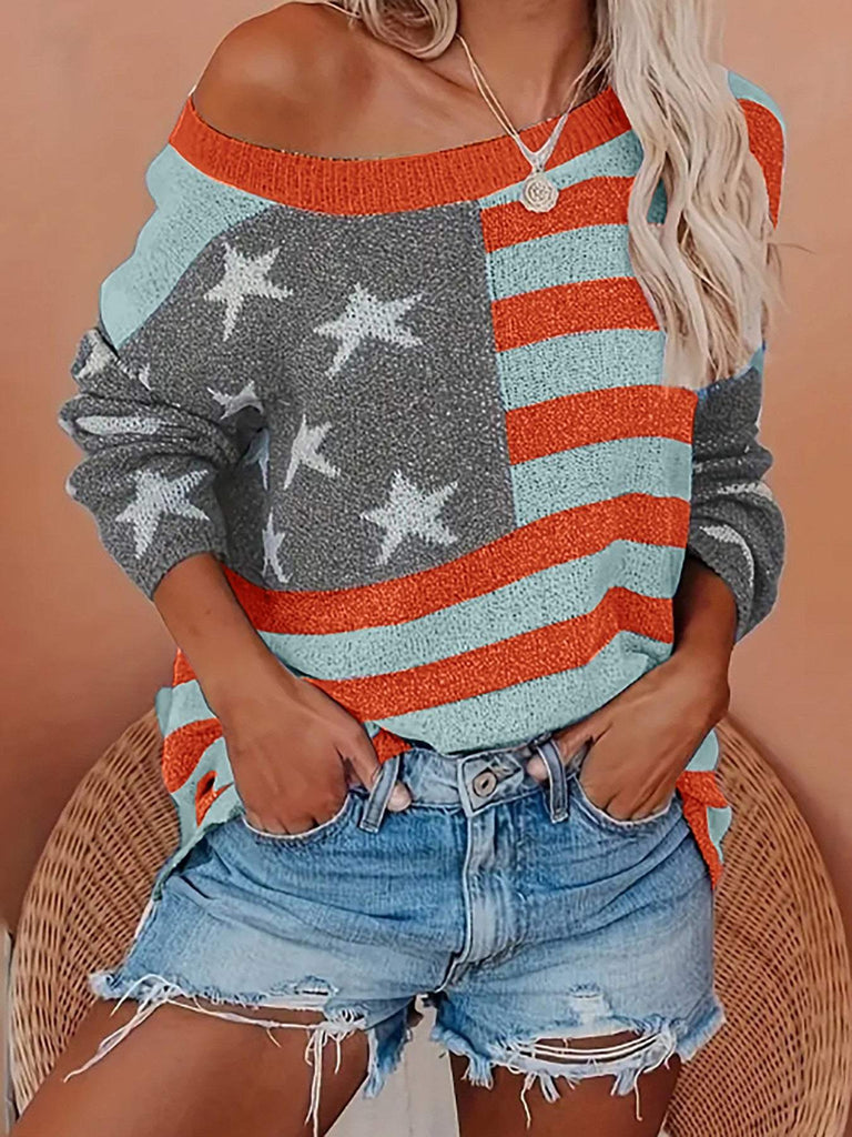 Women's knitwear American flag pattern long sleeve sweater pullover