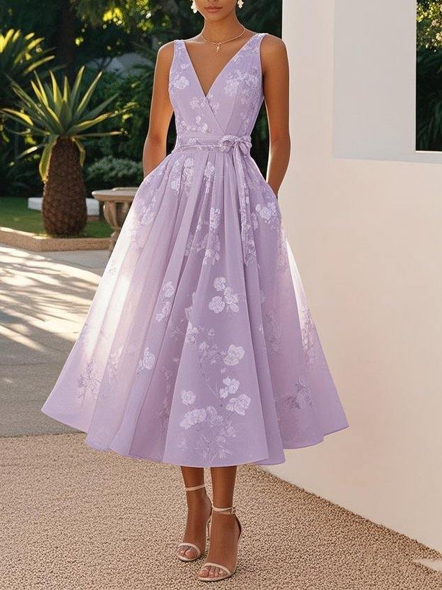 Elegant lavender women's sleeveless vest dress with V-neck and floral pattern, high waist and short skirt length