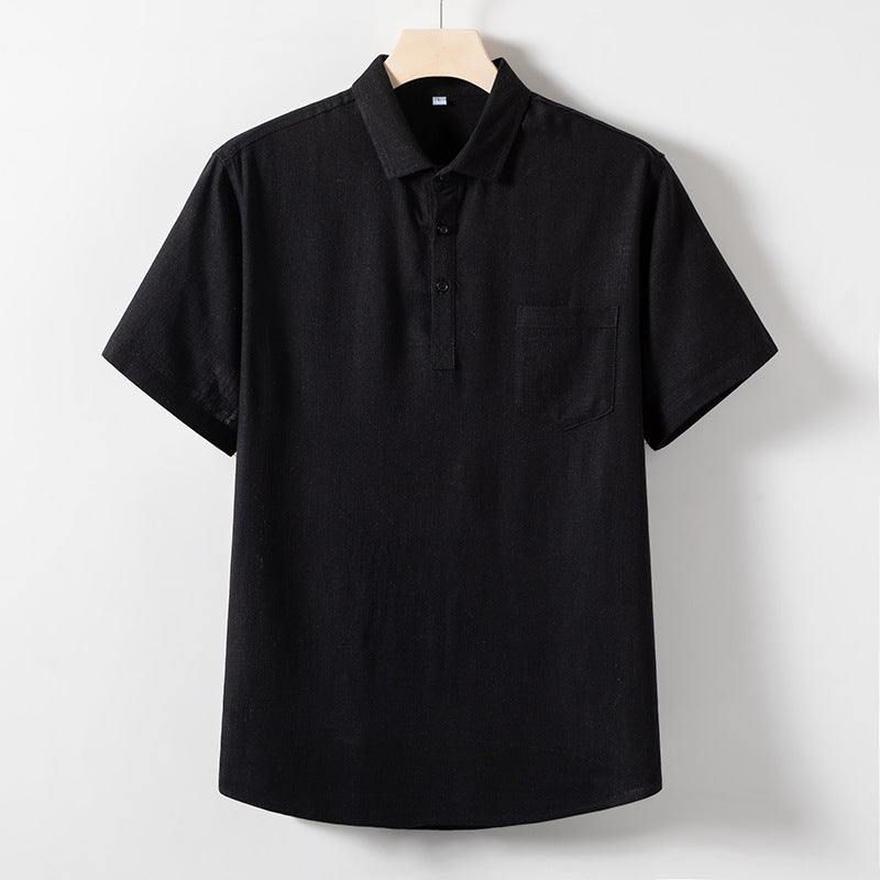 T-Shirt en lin noir pour homme à manches courtes avec col polo et poche poitrine, confortable et élégant pour l'été