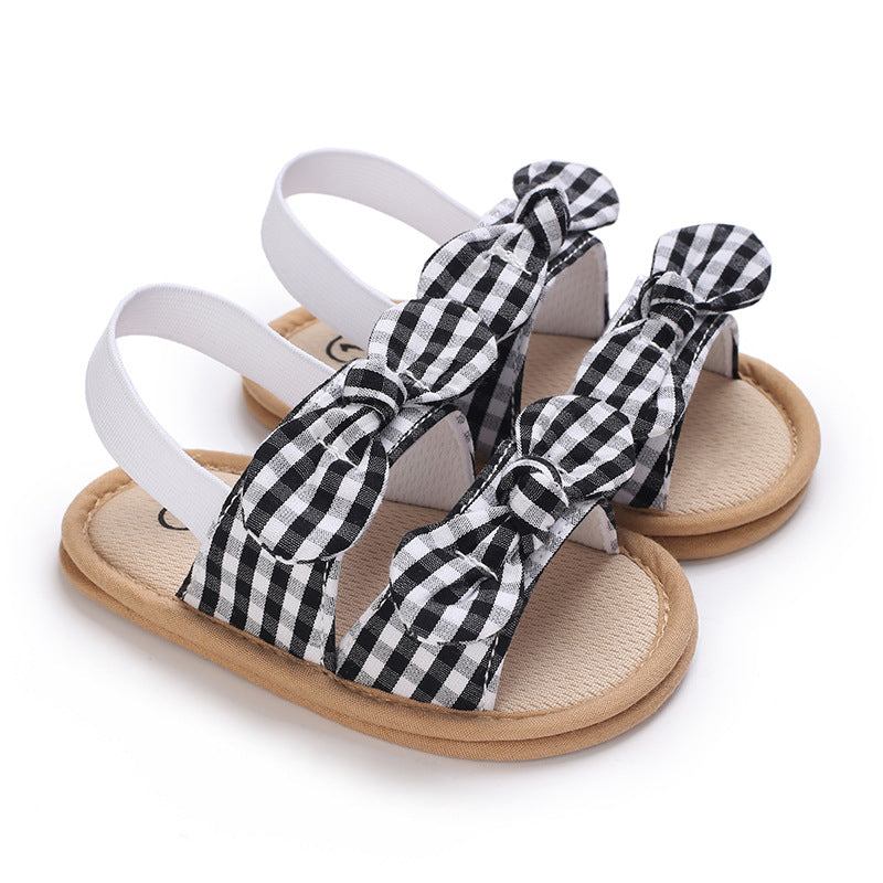 Plaid soft bottom summer baby girl toddler sandals with open toe and bow detail