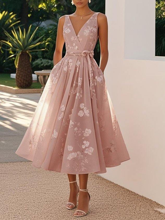 Women's sleeveless vest V-neck pink princess dress with floral patterns and high waist design