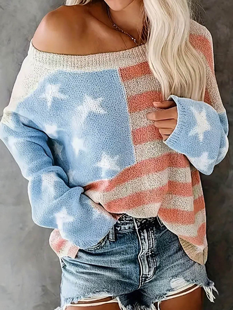 Women's knitwear sweater with American flag pattern, off-shoulder long sleeve pullover in soft polyester blend