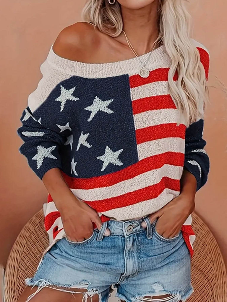 women's knitwear American flag print sweater long sleeve pullover casual style
