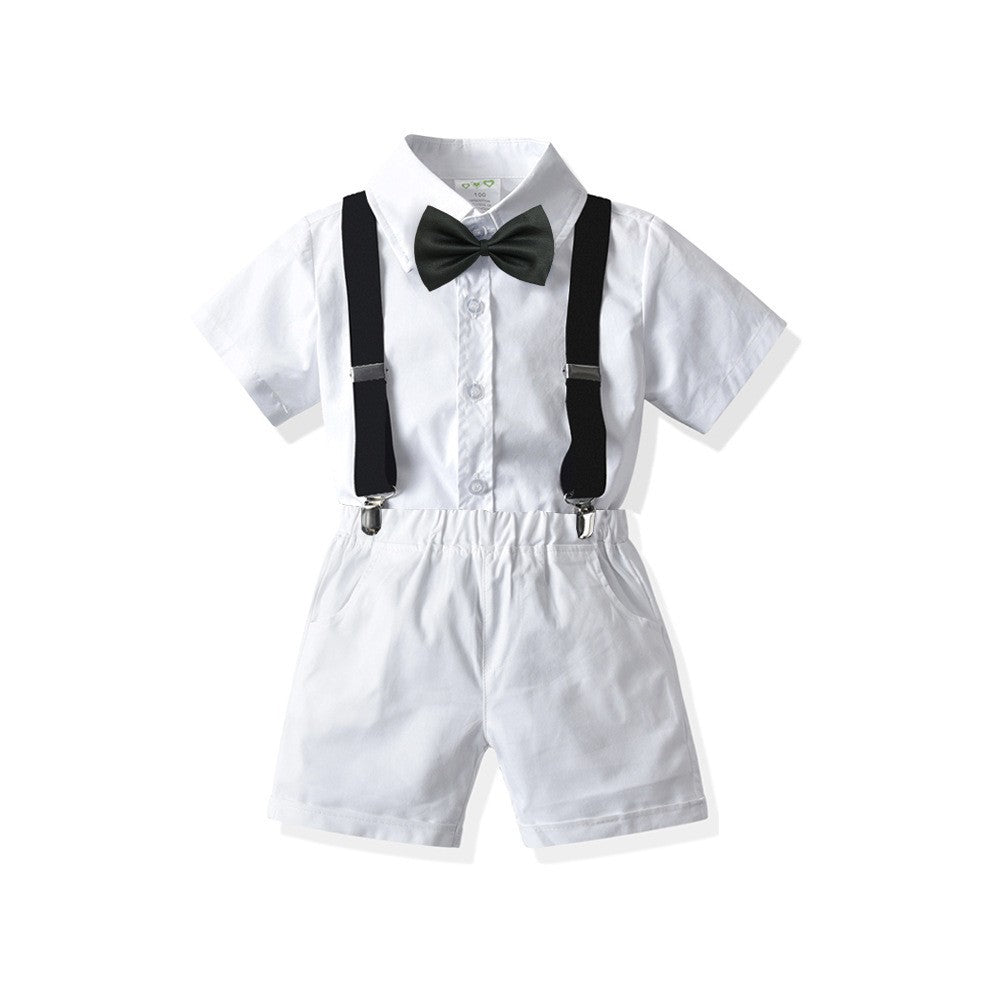 Boys' white short-sleeved shirt with black suspenders and bow tie shorts set