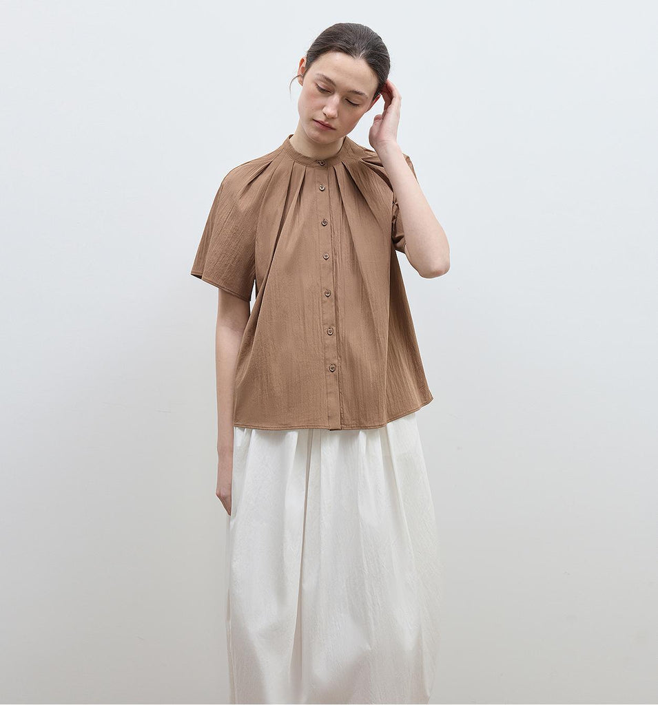 "Silent Island" Stand-up collar pleated short-sleeved shirt women's casual top-5