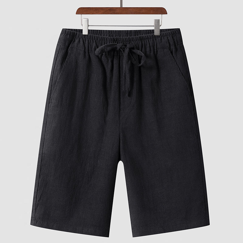 black men's casual loose linen shorts with elastic waistband and drawstring