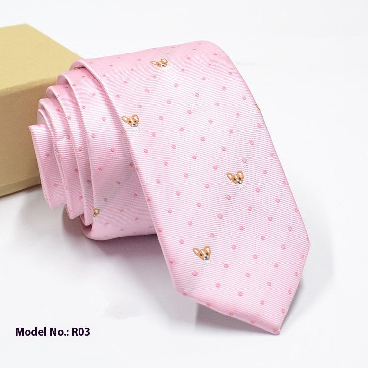 pink fashion exquisite jacquard tie with polka dots and small dog face pattern for men