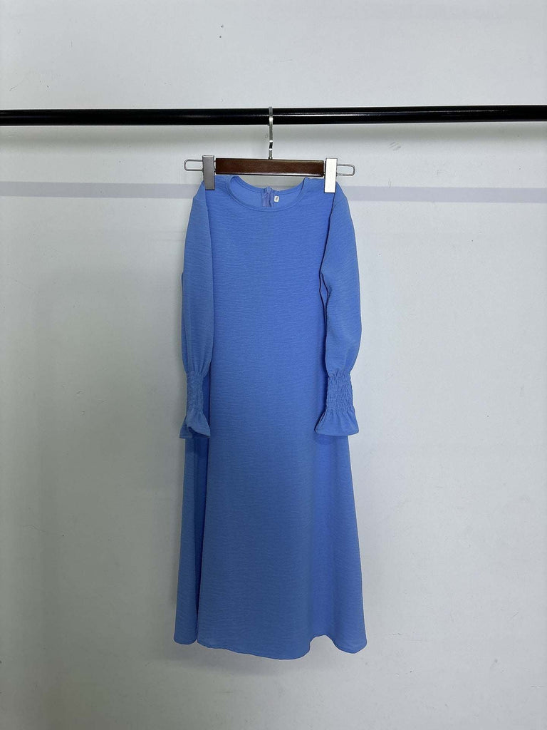 Blue round neck long sleeve dress with wavy ruffled sleeves and pleated polyester fabric for girls