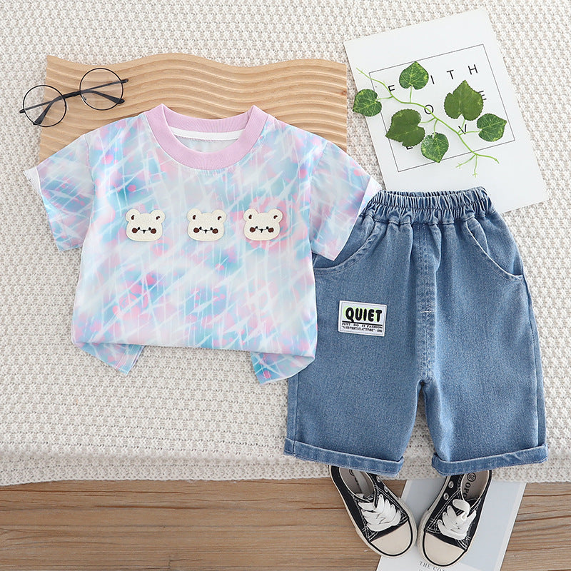 Baby suit three bear short sleeve two-piece set with pastel patterned shirt and denim shorts with elastic waistband and pockets