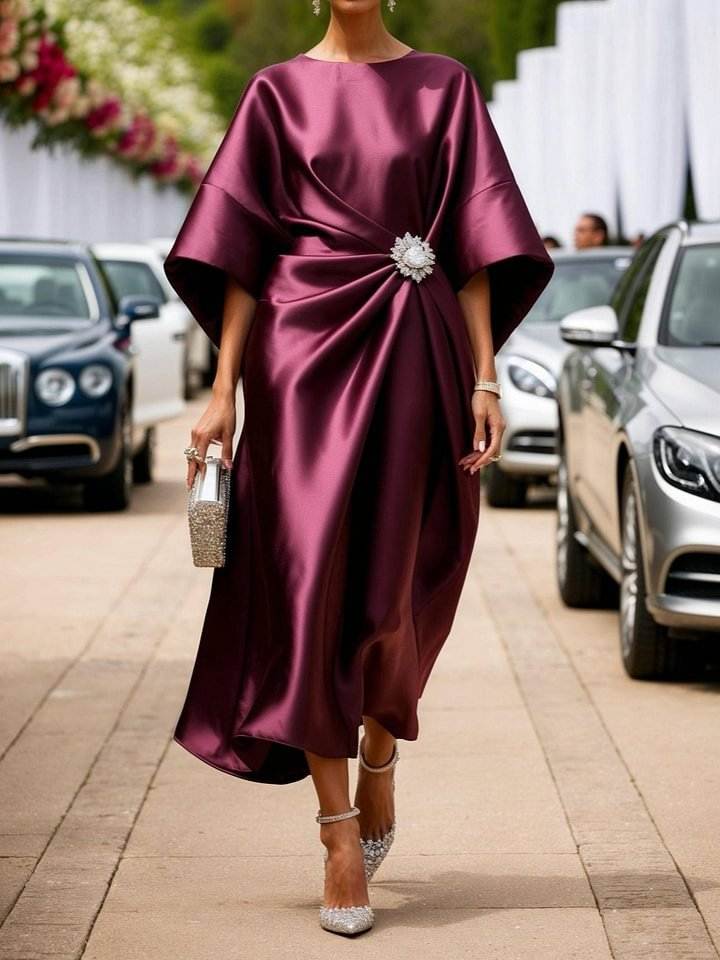 Elegant women's commuting satin dress in wine red with batwing half sleeves and flower bead decoration