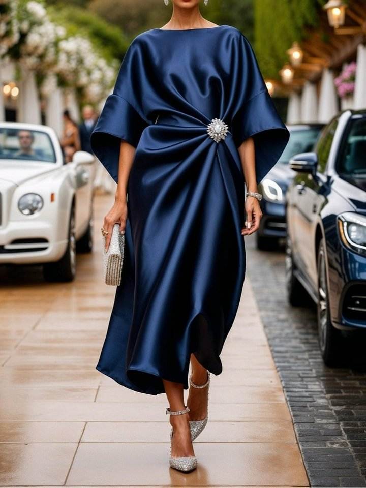 elegant dark blue satin long dress with decorative flower bead brooch and batwing sleeves for women's commuting