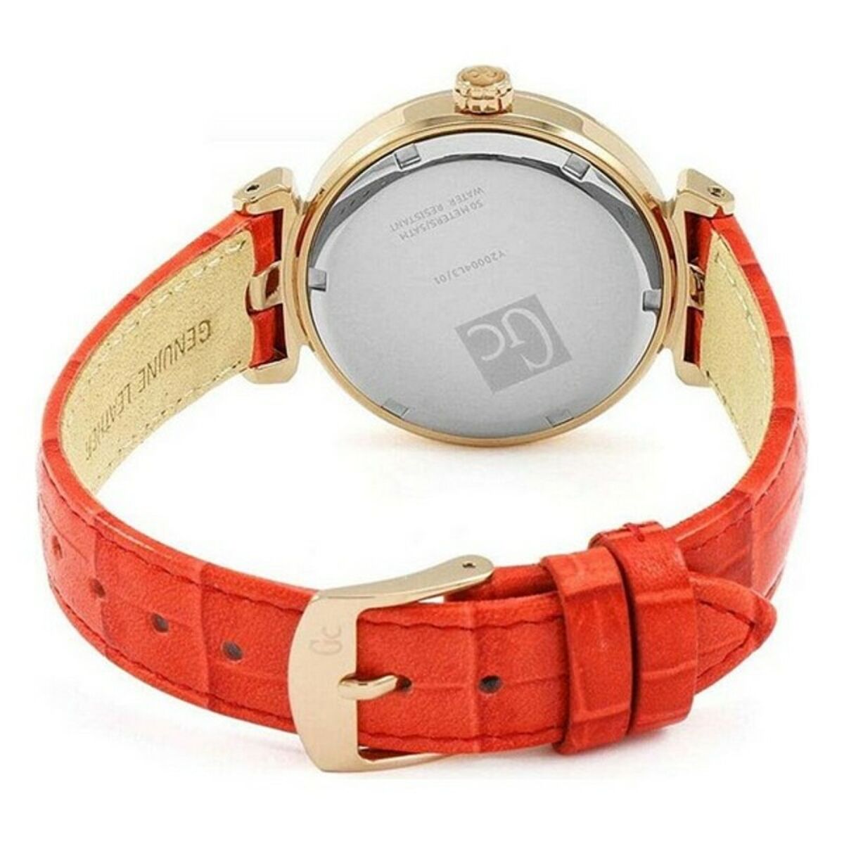 Ladies' orange leather strap wristwatch with stainless steel case and mineral crystal, 34mm diameter, buckle fastening, water resistant 5 atm, Ladies' Watch GC