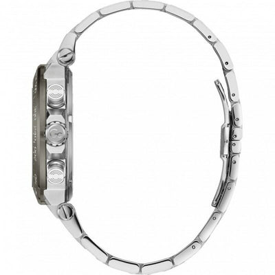 Side view of men's GC Watches Y37011G5MF wristwatch with grey dial and silver stainless steel bracelet