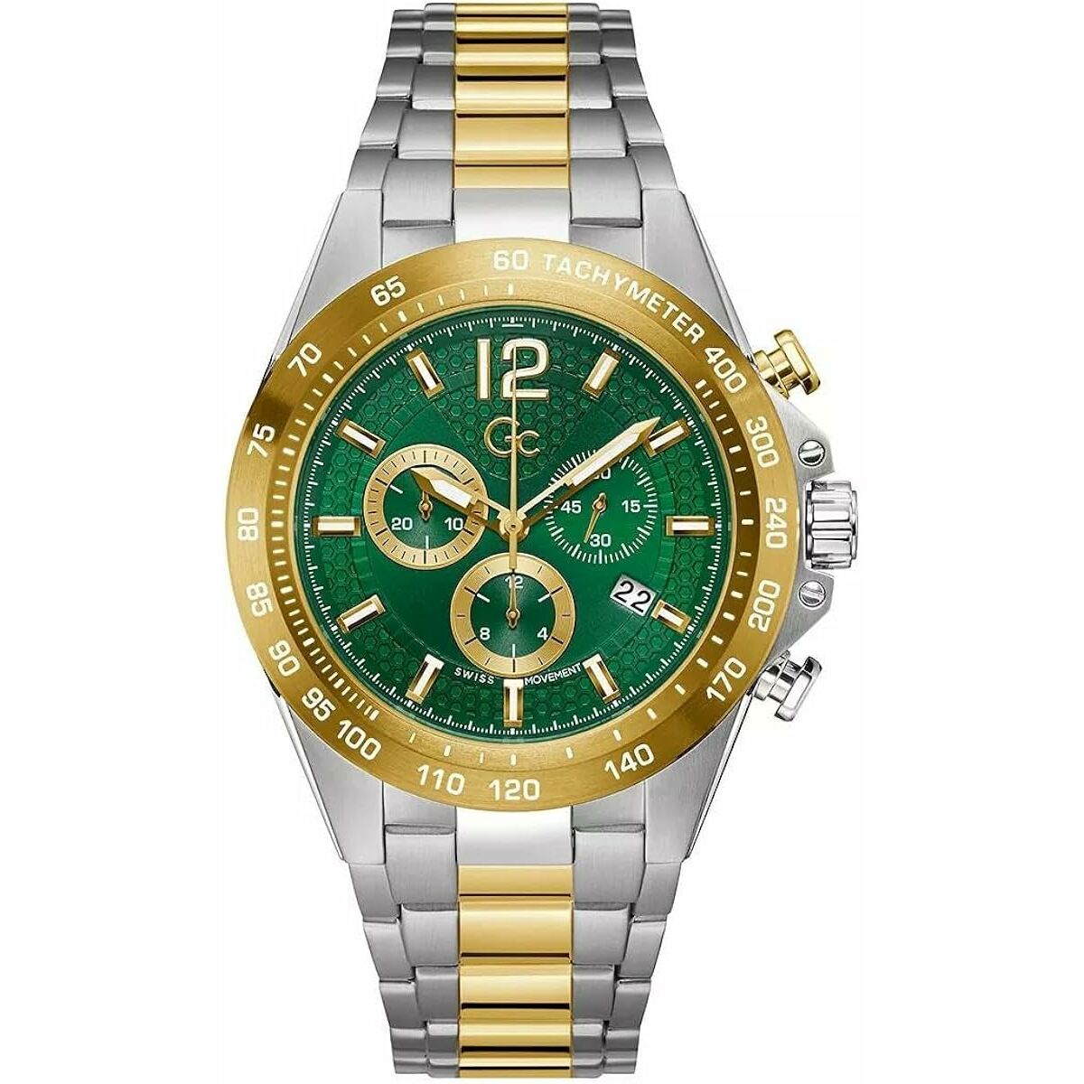 Men's Watch GC Watches Z07008G9MF with green dial, gold and silver stainless steel bracelet, 44mm case, and quartz movement