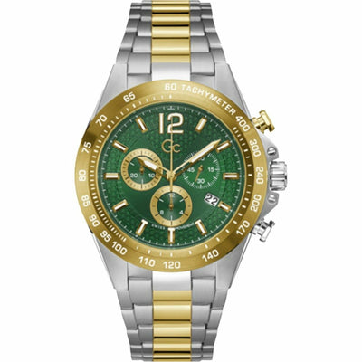 Men's Watch GC Watches Z07008G9MF with green dial, gold and silver stainless steel bracelet, 44mm case, quartz movement, and tachymeter bezel.