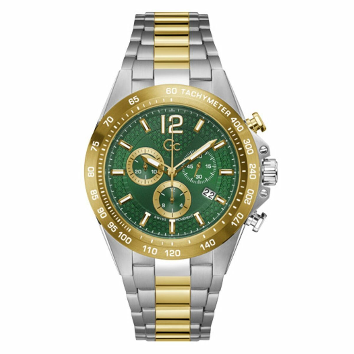 Men's GC Watches Z07008G9MF wristwatch with 44mm grey stainless steel case, green dial, two-tone silver and gold stainless steel bracelet, quartz movement, and tachymeter bezel.