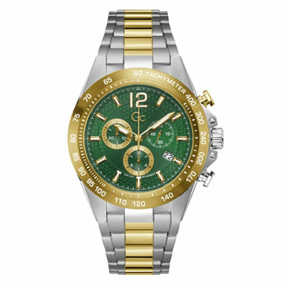 Men's GC Watches Z07008G9MF wristwatch with 44mm grey stainless steel case, green dial, two-tone silver and gold stainless steel bracelet, quartz movement, and tachymeter bezel.