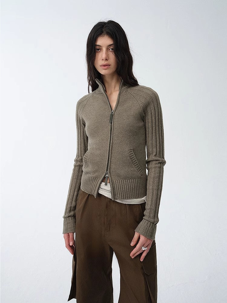 Senna Melody women's slim fit fine merino wool and cotton blend zipper cardigan with slanted placket and stand-up collar