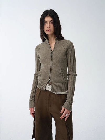 Senna Melody women's slim fit fine merino wool and cotton blend zipper cardigan with slanted placket and stand-up collar