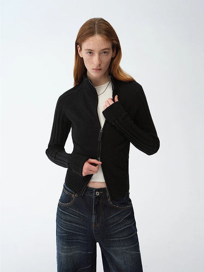 Senna Melody women's slim fit black merino wool and cotton blend cardigan with double zipper and slanted placket