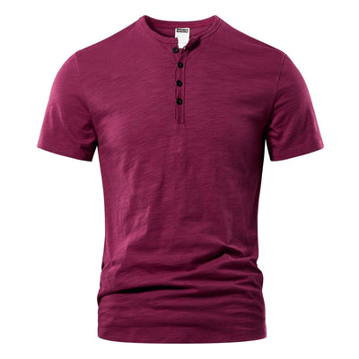 Men's slub cotton short sleeve henley shirt in wine red solid color, casual summer pullover