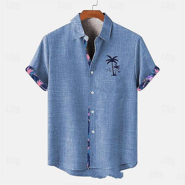 Blue linen casual short sleeve shirt with ocean fish pattern and palm tree embroidery, loose fit