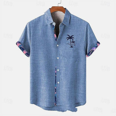 Blue linen casual short sleeve shirt with ocean fish pattern and palm tree embroidery, loose fit