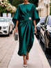 Dark green satin women's commuting elegant dress with batwing sleeves and decorative brooch detail