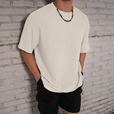 Men's loose hollow short sleeve round neck white T-shirt with slim fit and polyester fabric