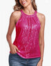 Women's halter round neck sequin camisole top in vibrant rose red with backless shoulder straps and street fashion style