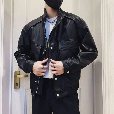 Men's black Spring and Autumn Pilot Leather Jacket with side pocket and regular fit in Korean style.